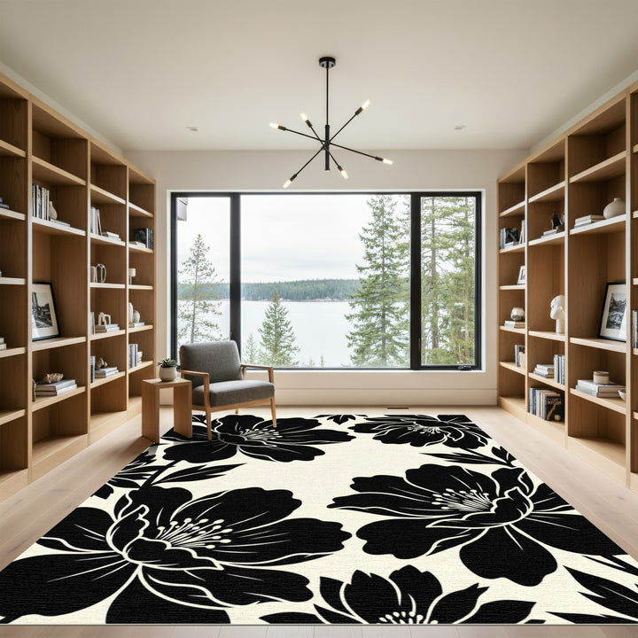 Bold Black Floral Art Rug