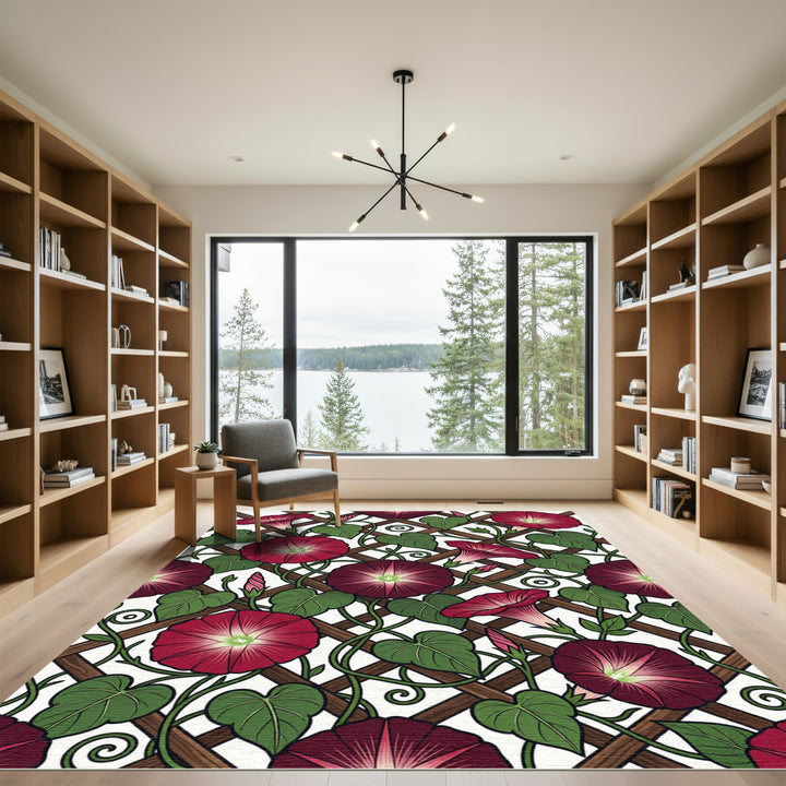 Crimson Morning Glory Lattice Floral Rug