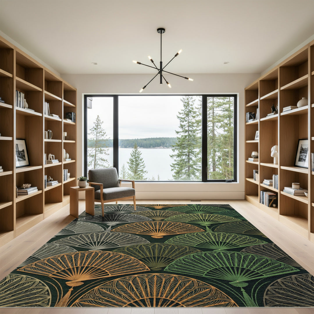 Art Deco Golden Green Fan Pattern Rug