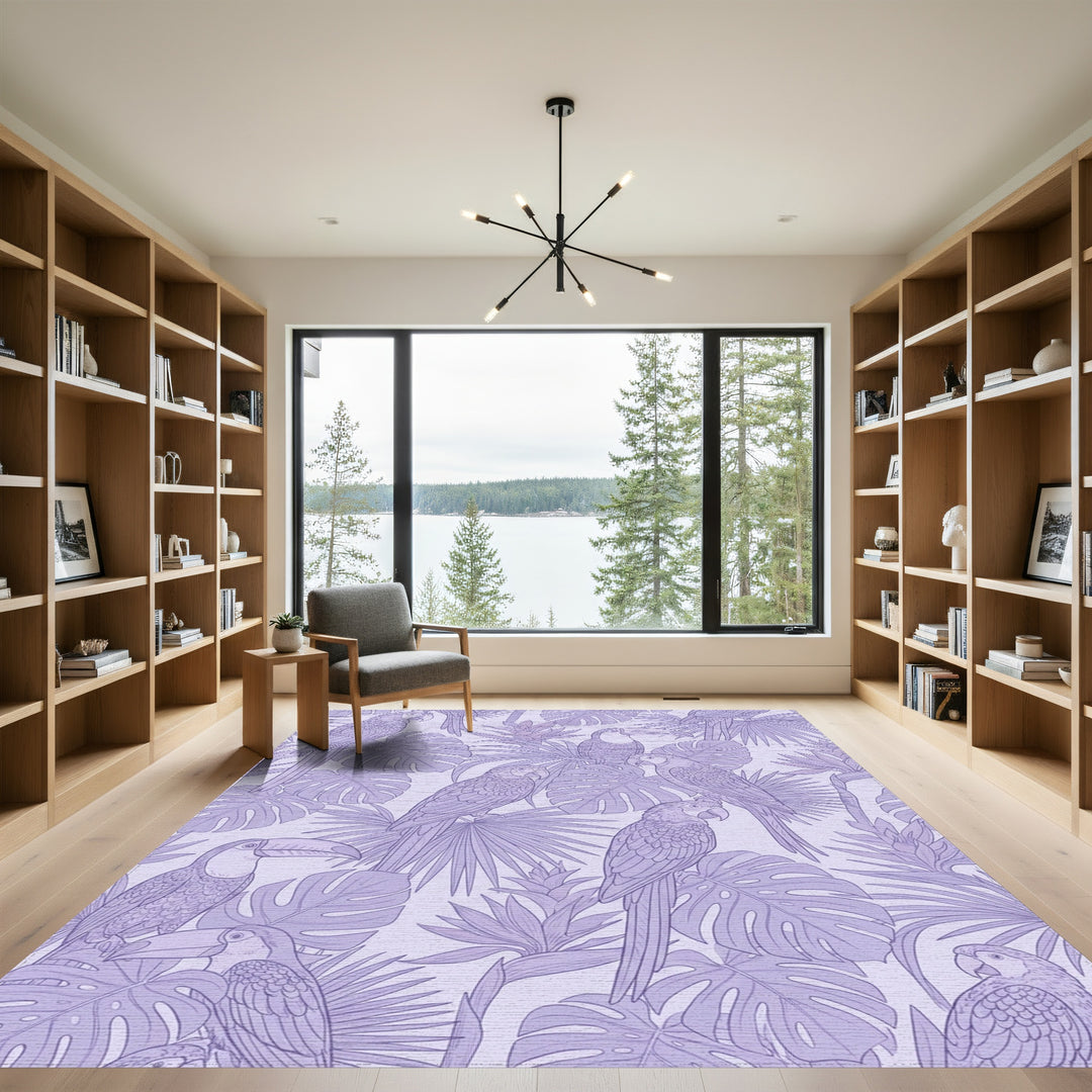 Periwinkle Macaws Toucans Tropical Leaves Rug