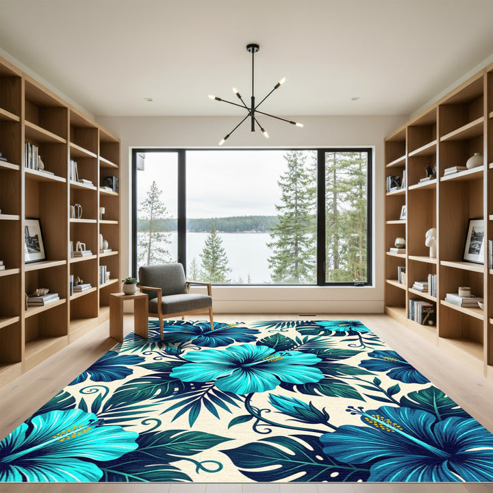 Tropical Teal Hibiscus Jungle Rug
