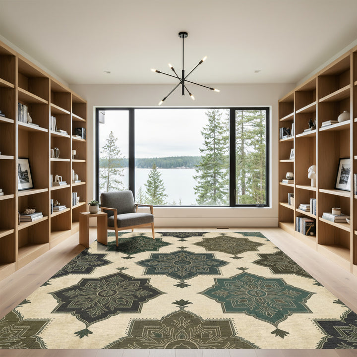Earthy Green Slate Medallion Texture Rug