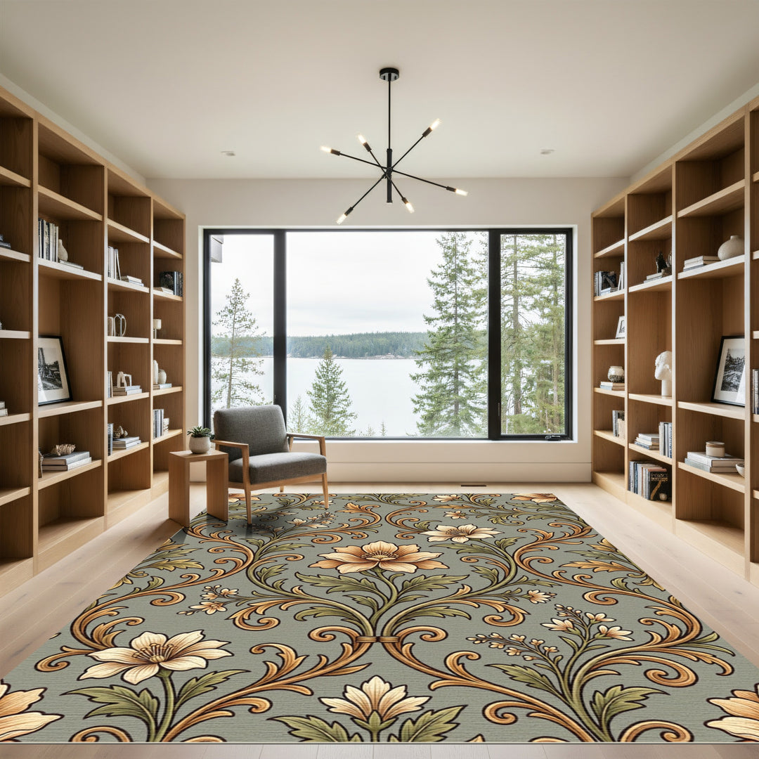 Antique Gold Floral Vine Scroll Rug