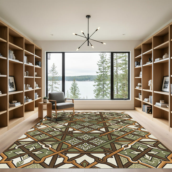 Geometric Wood Lattice Green Medallion Rug