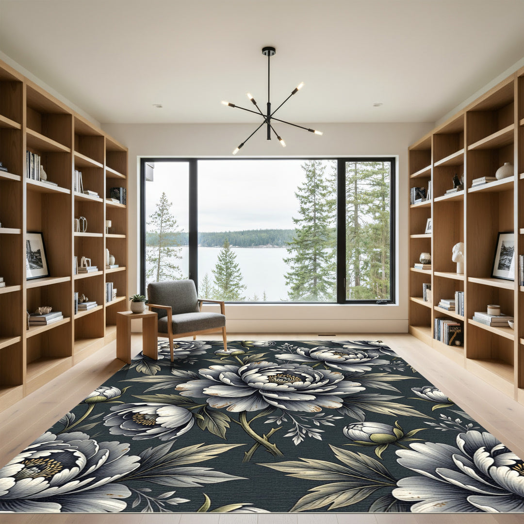 Monochromatic Floral Peony Botanical Rug