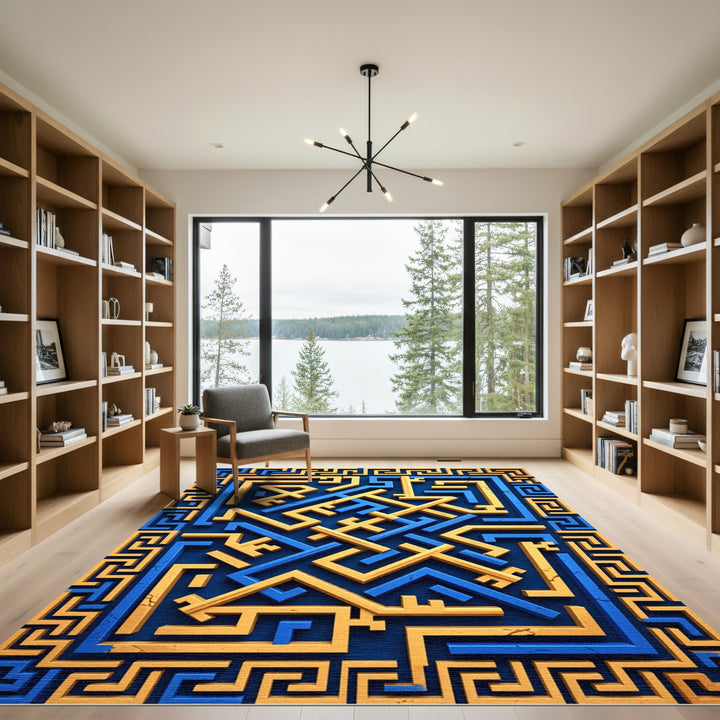 Navajo Labyrinth Geometric Blue Gold Rug