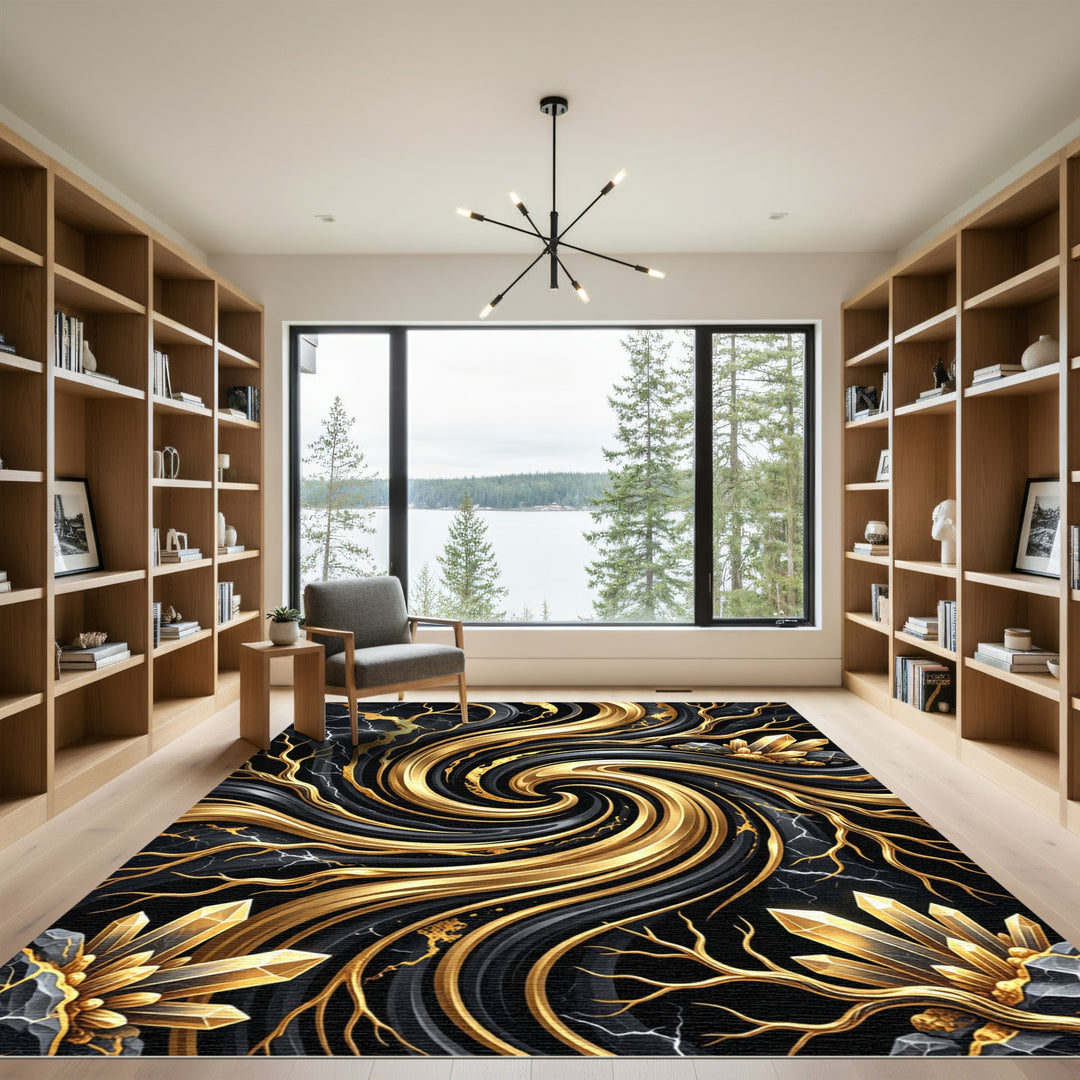 Black Gold Veined Crystal Swirl Rug
