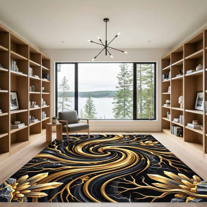 Black Gold Veined Crystal Swirl Rug