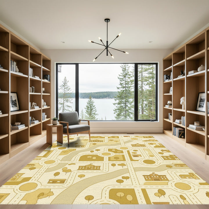 Golden Cityscape Road Map Illustration Rug