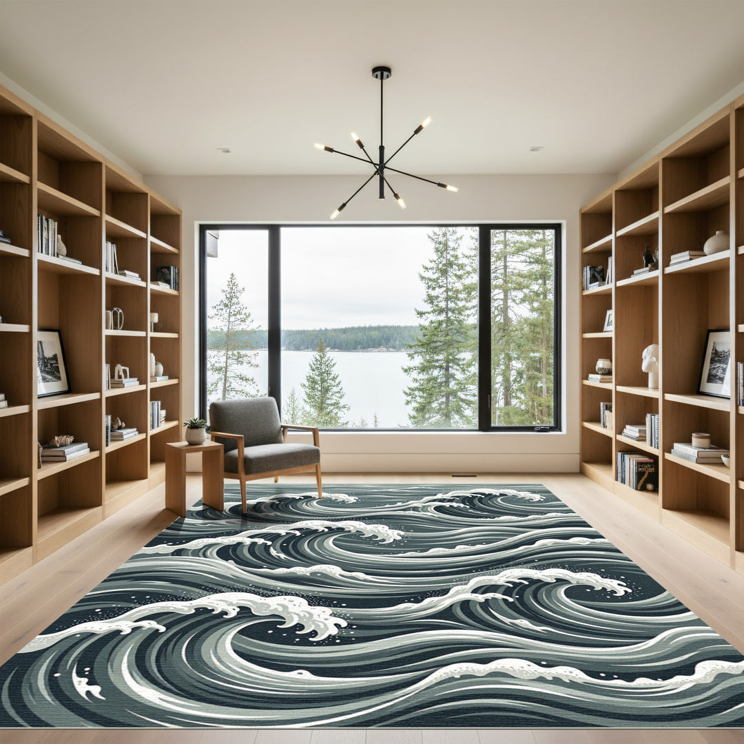 Dynamic Gray Swirling Ocean Waves Rug