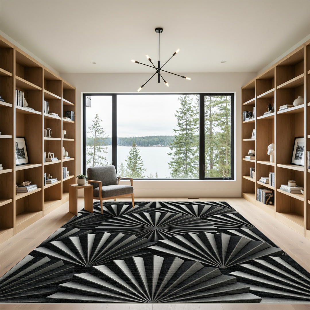 Geometric Fan Fold Black White Rug