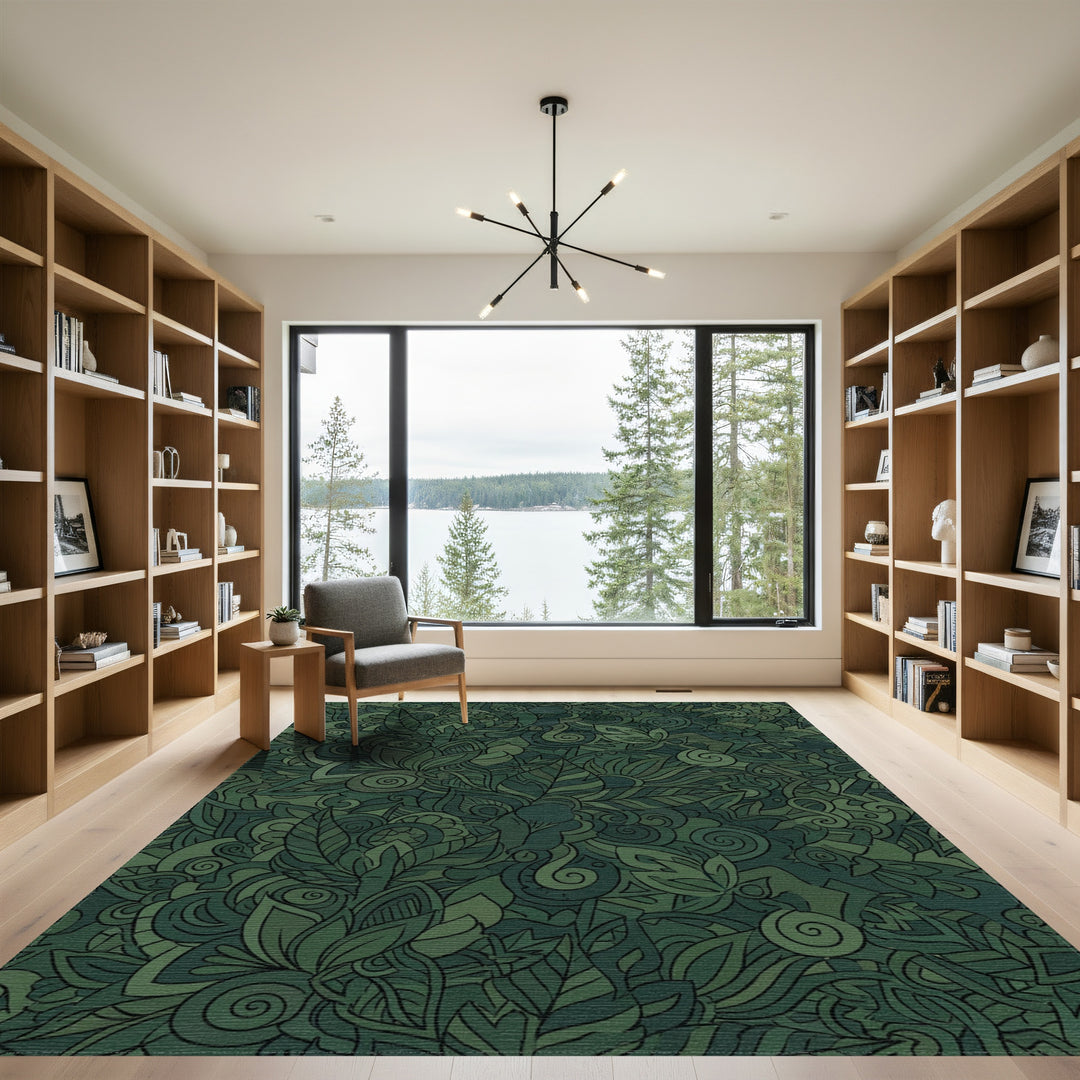 Earthy Green Lush Botanical Swirl Rug