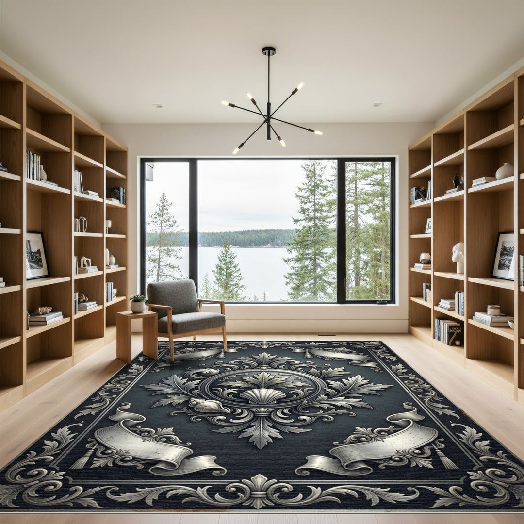 Ornate Silver Seashell Floral Medallions Rug