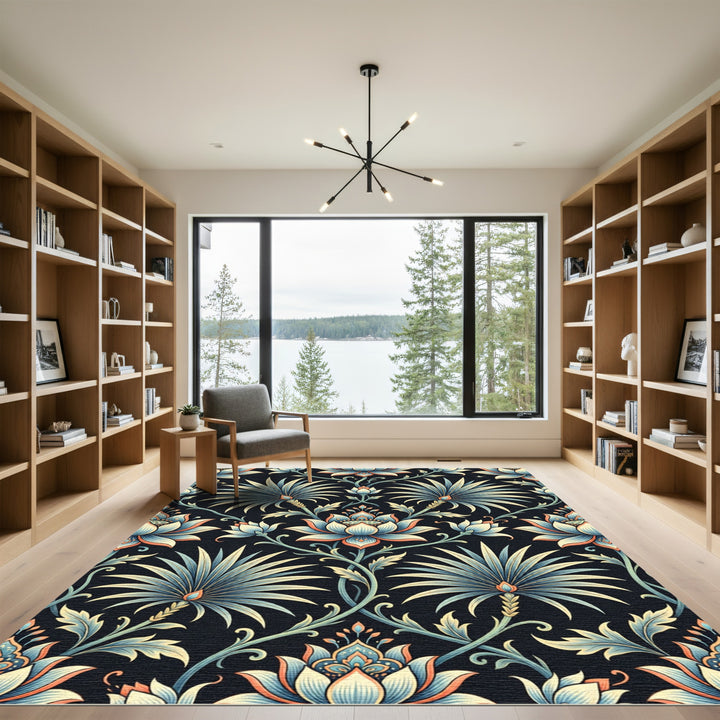 Ornate Teal Floral Fan Medallion Rug