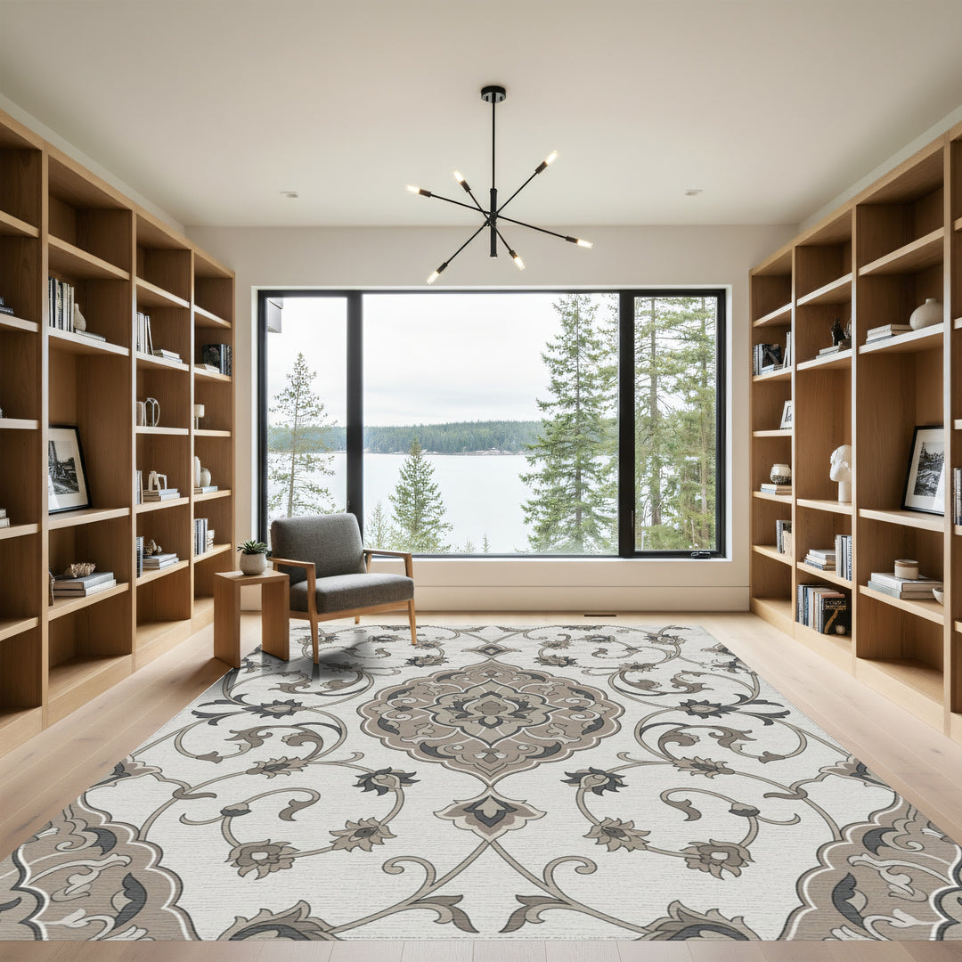 Neutral Ochre Floral Arabesque Rug