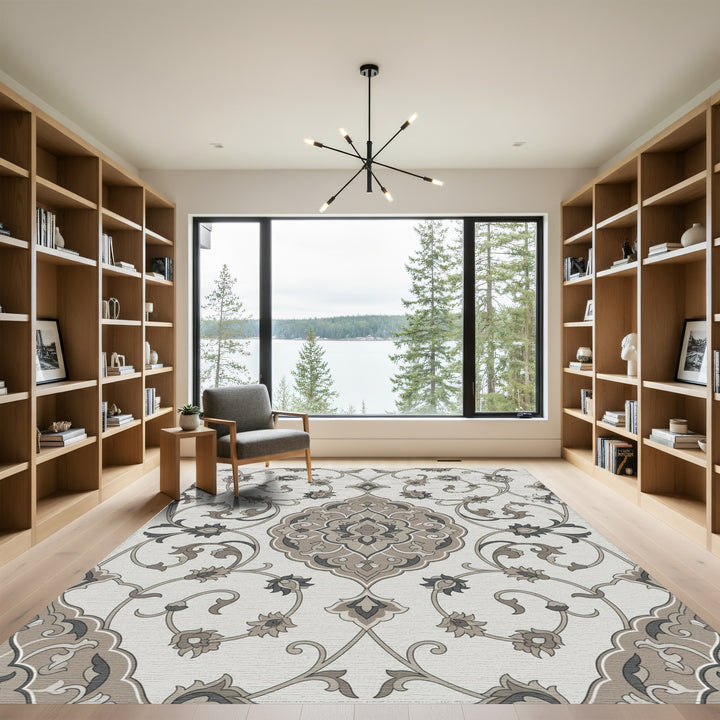 Neutral Ochre Floral Arabesque Rug