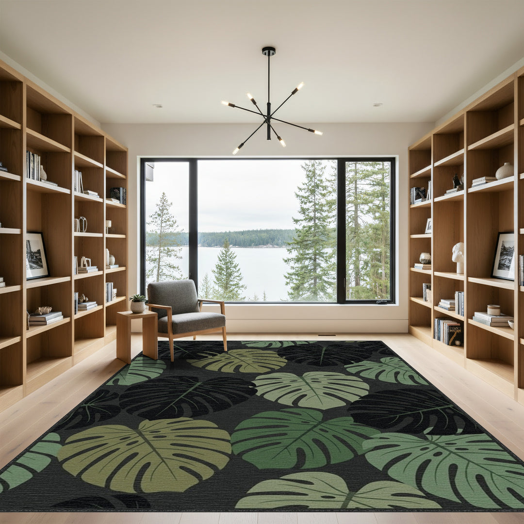Monstera Leaves Dark Green Woodland Rug