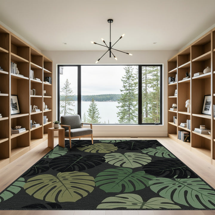 Monstera Leaves Dark Green Woodland Rug