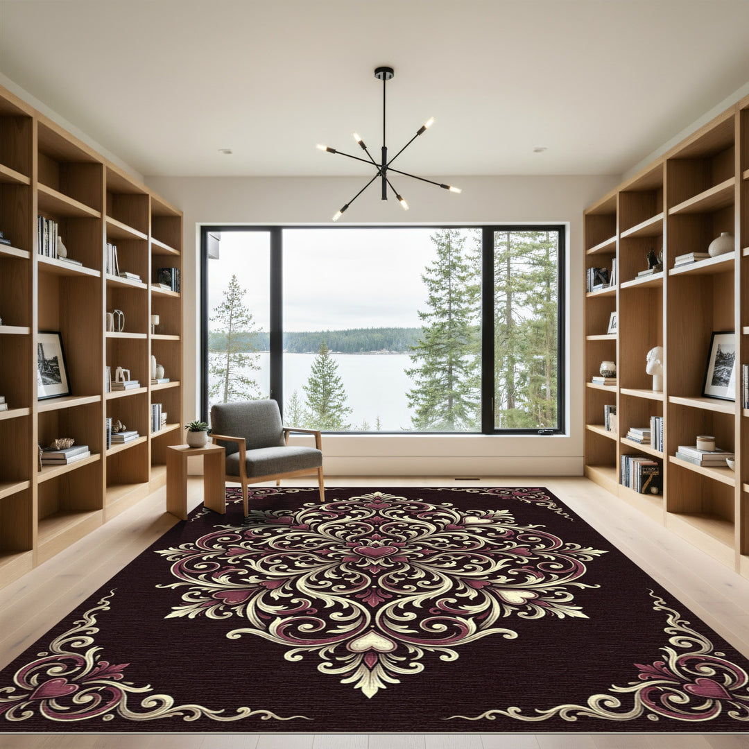 Elegant Burgundy Heart Floral Mandala Rug