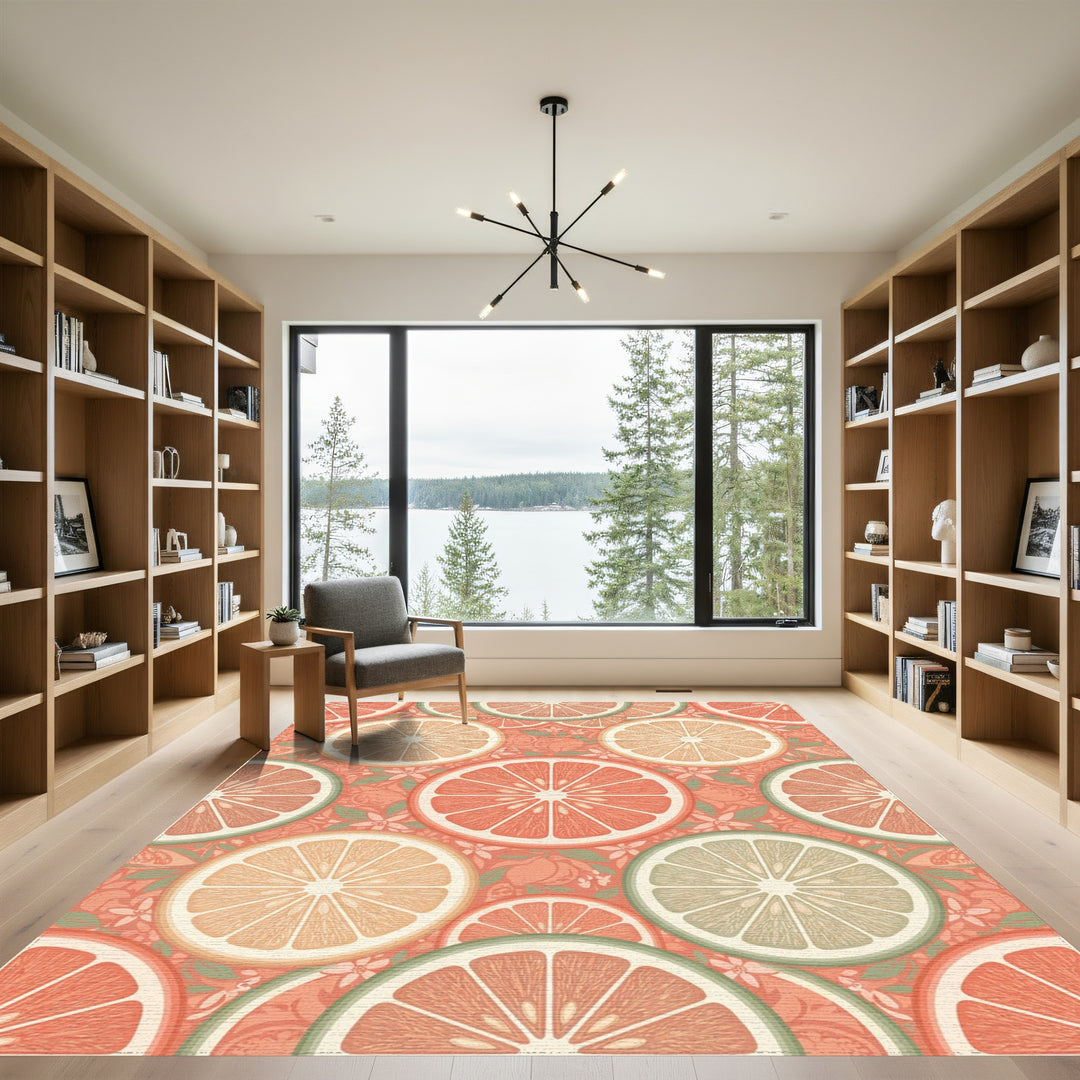 Coral Citrus Slice Botanical Arrangement Rug