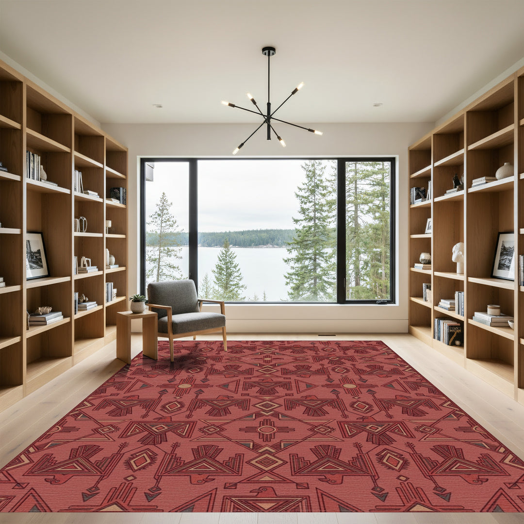 Crimson Tribal Thunderbird Geometric Rug