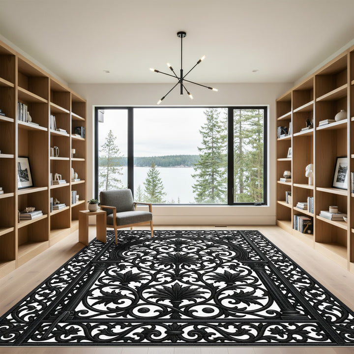 Black Baroque Foliage Arch Decorative Rug