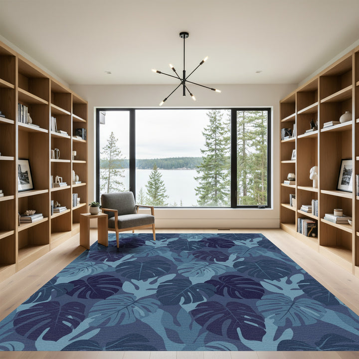 Deep Blue Tropical Monstera Leaves Rug