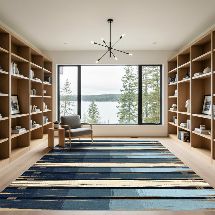 Abstract Blue Khaki Horizontal Stripe Rug