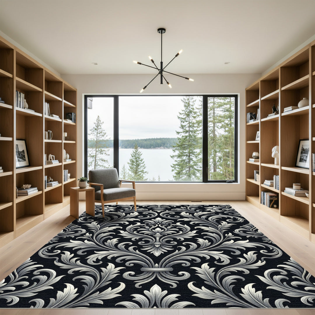 Intricate Black White Damask Ornament Rug