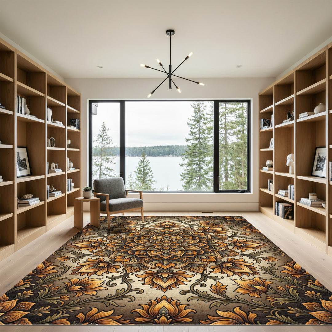 Golden Floral Mandala Elaborate Rug