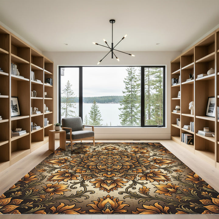 Golden Floral Mandala Elaborate Rug