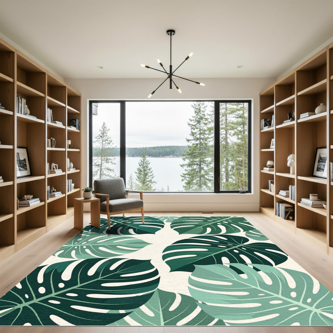 Deep Green Tropical Monstera Leaves Rug