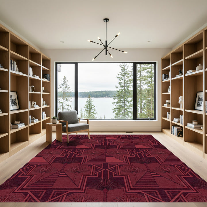 Crimson Geometric Palm Tree Deco Rug