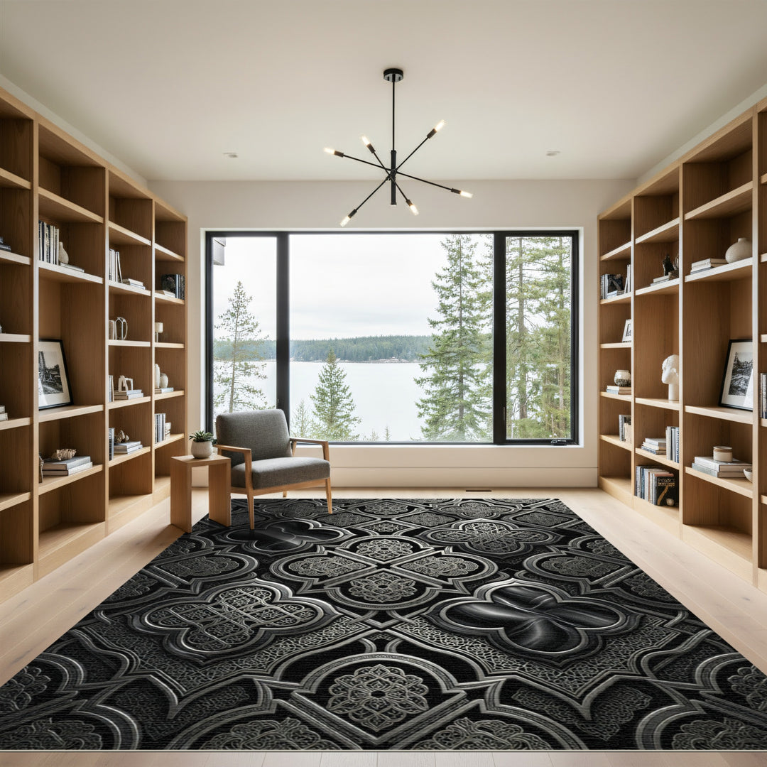 Ornate Black Silver Quatrefoil Tile Rug