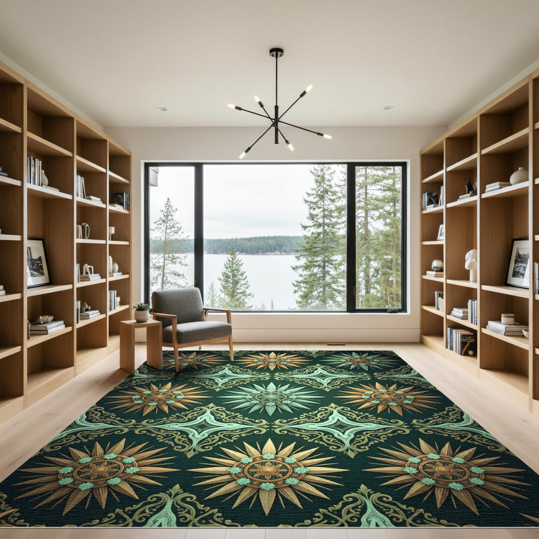 Emerald Golden Sunburst Floral Relief Rug