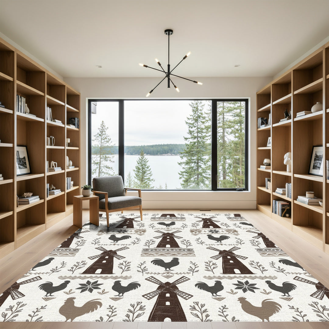 Farmhousewindmill and rooster folk art Rug