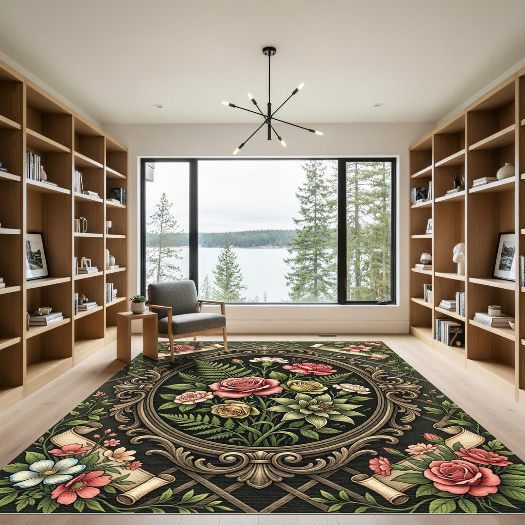 Ornate Floral Garden Oval Tapestry Rug
