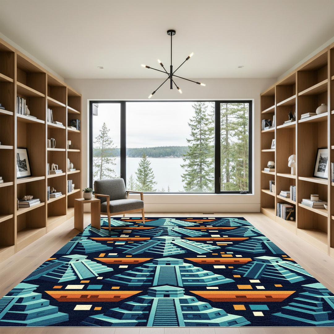 Ancient Blue Temple Geo Pattern Rug