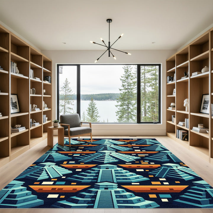 Ancient Blue Temple Geo Pattern Rug