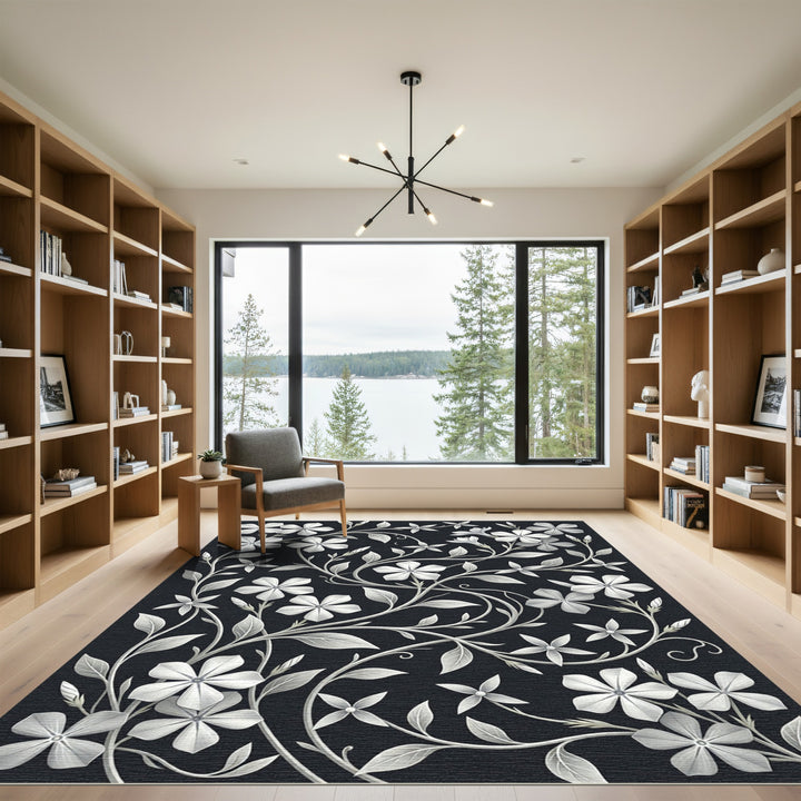 Elegant White Periwinkle Floral Vine Rug