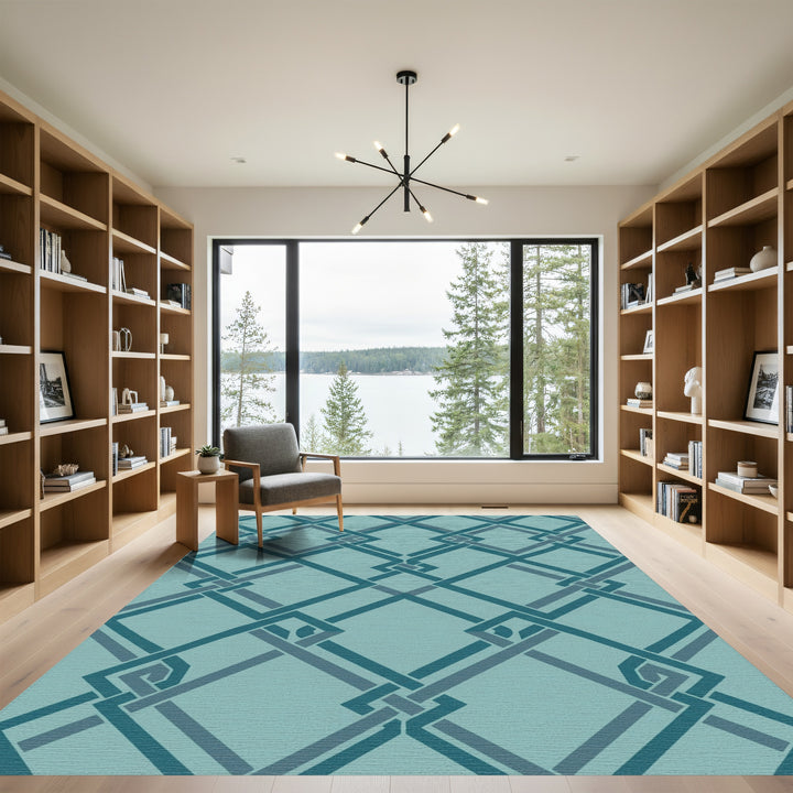 Teal Interlocking Geometric Square Lattice Rug