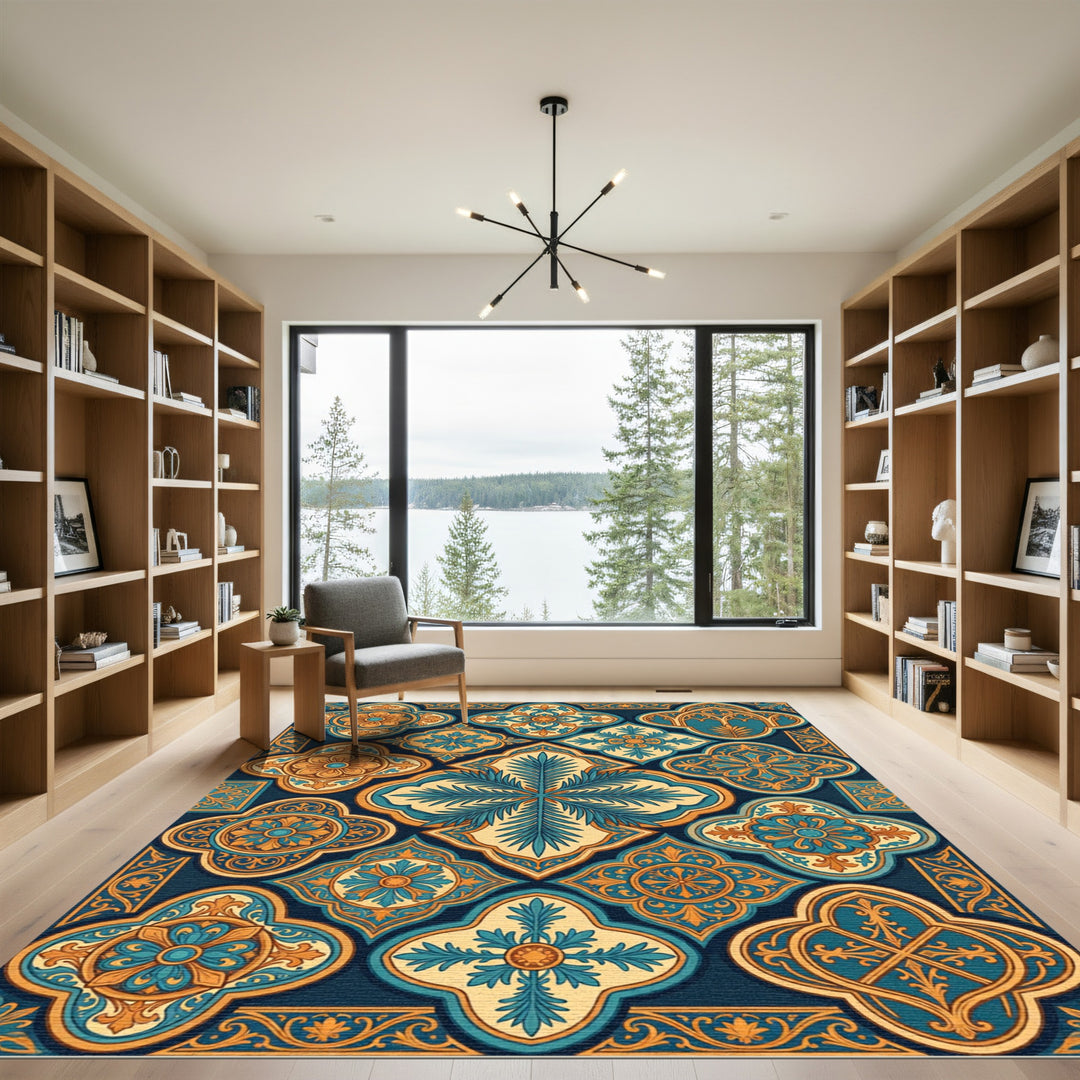 Ornate Teal Gold Arabesque Medallion Rug