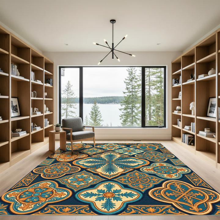 Ornate Teal Gold Arabesque Medallion Rug