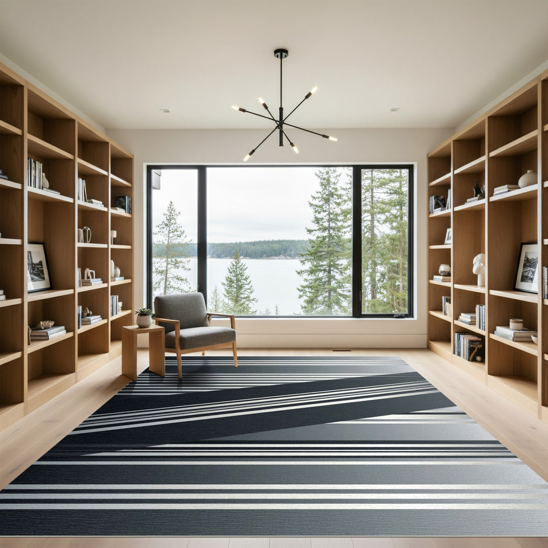 Modern Silver Gradient Geometric Stripe Rug