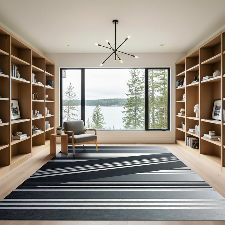 Modern Silver Gradient Geometric Stripe Rug