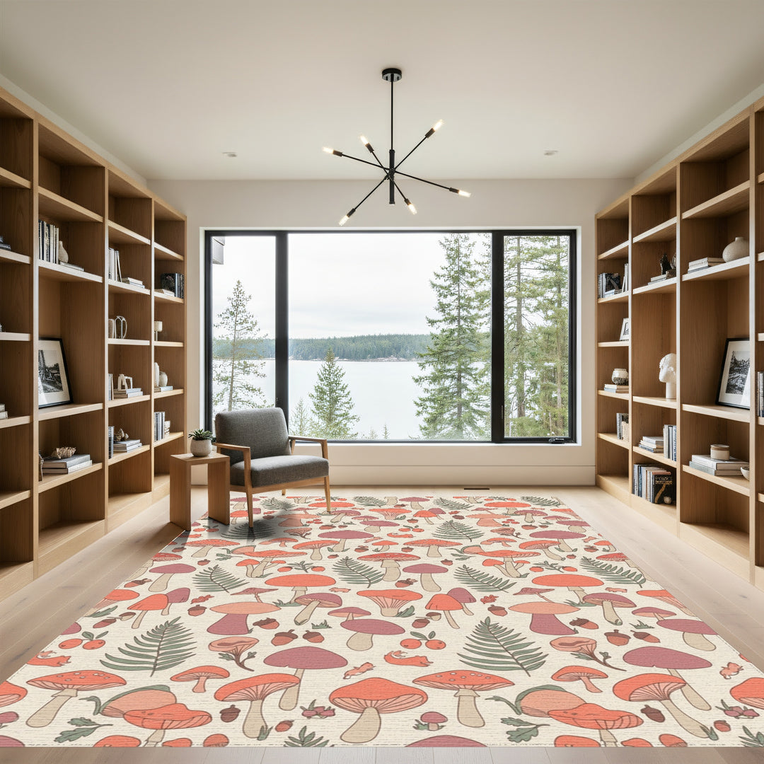 Retro Woodland Mushroom Fern Squirrels Rug
