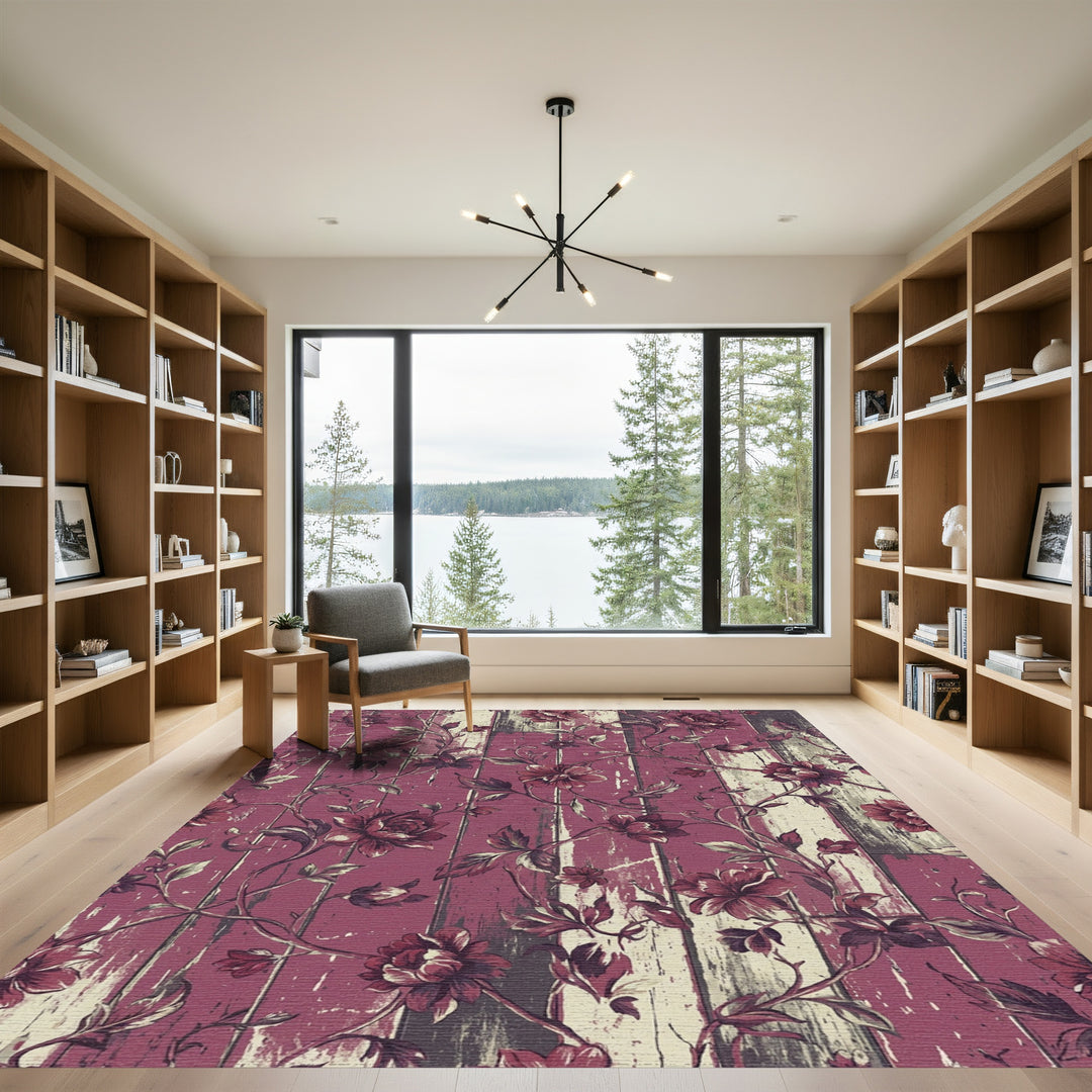 Ornate Plum Floral Woodgrain Vines Rug
