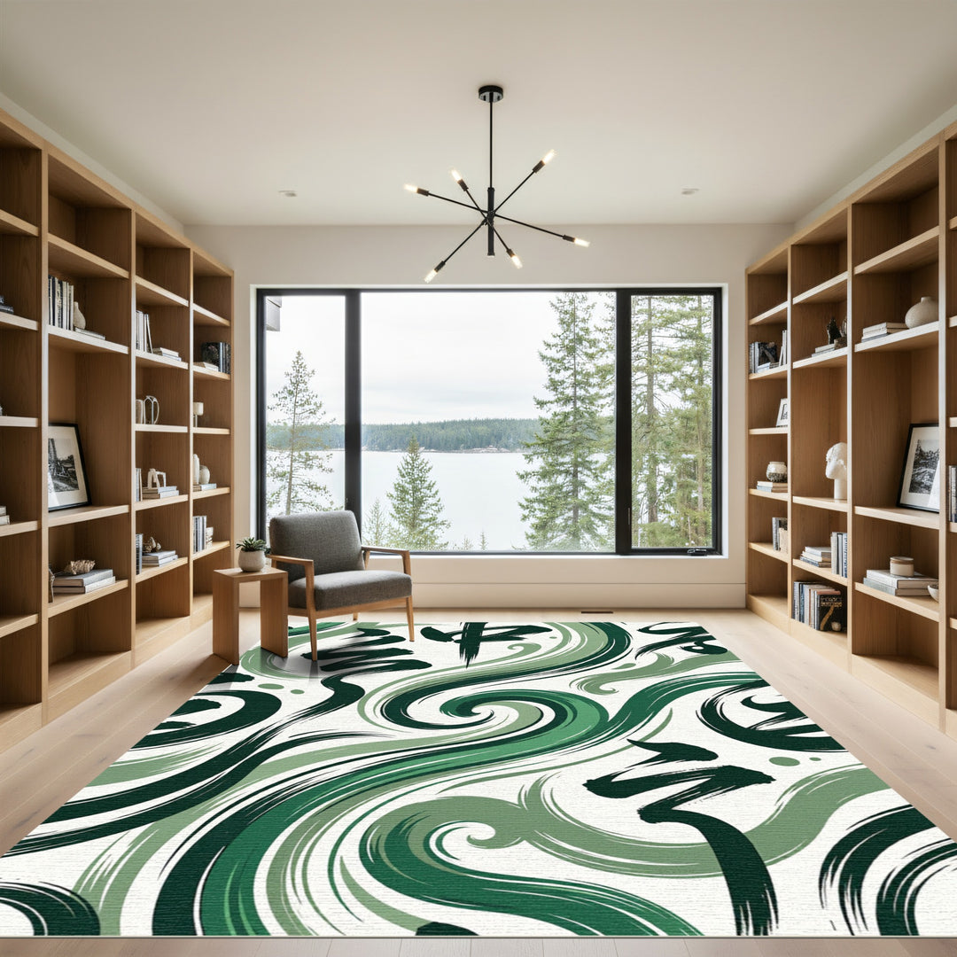 Brushstroke Ink Swirl Green Calligraphy Rug