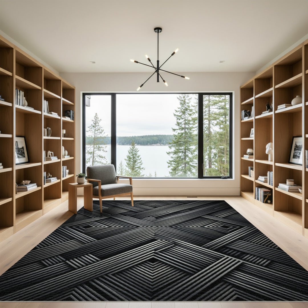 Dark Silver Geometric Interlocking Lines Rug