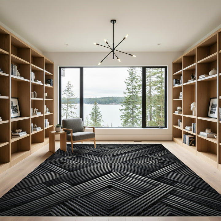 Dark Silver Geometric Interlocking Lines Rug